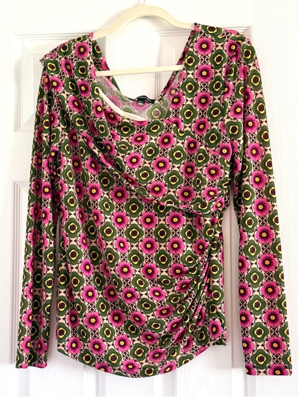 INC International Concepts Pink and Green Floral Draped Long-Sleeve Top Large